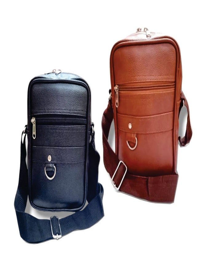 Dira Stylish Leather Sling Cross Body Belt Bag with 3-Pocket Zip Closure and Adjustable Straps For Men & Women Corporate Gift Item (Black & Brown) Pack of 2